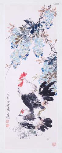 CHINESE SCROLL PAINTING OF ROOSTER AND FLOWER