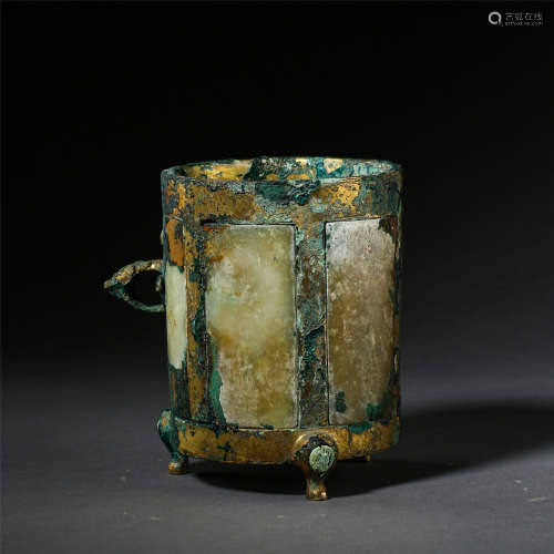 CHINESE JADE PLAQUE INLAID GILT BRONZE CUP