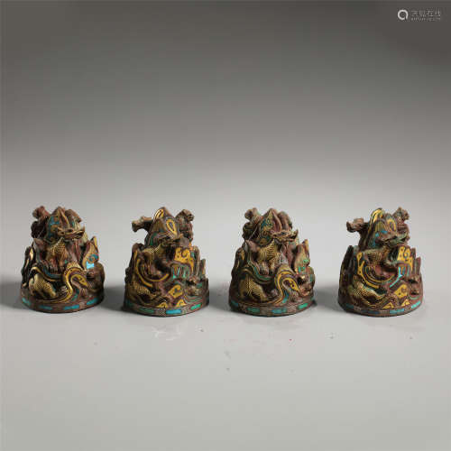 FOUR CHINESE GOLD INLAID BRONZE BEAST PAPER WEIGHT