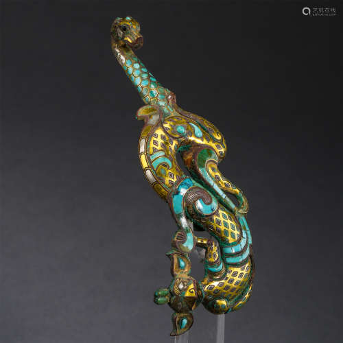 CHINESE GOLD TURQUOISE INLAID BRONZE DRAGON BELT HOOK