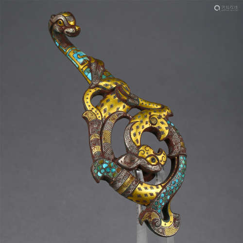 CHINESE GOLD TURQUOISE INLAID BRONZE DRAGON BELT HOOK