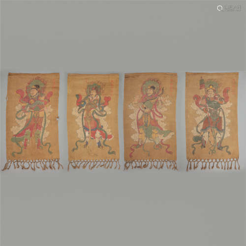 FOUR PANELS OF CHINESE SILK PAINTIG OF BUDDHIST GUARDIAN