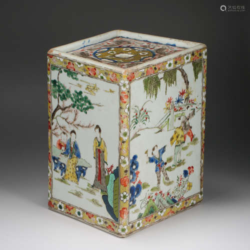 CHINESE PORCELAIN WUCAI BEAUTY AND BOY SQUARE BRUSH POT