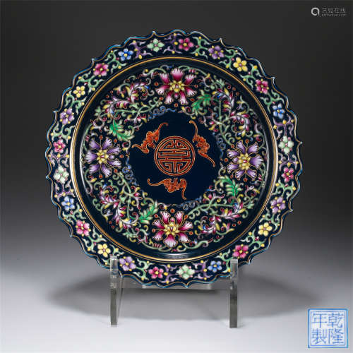 CHINESE PORCELAIN BLUE GROUND FAMILLE ROSE FLWOER PLATE