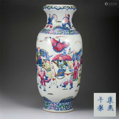 CHINESE PORCELAIN BLUE AND WHITE FAMILLE ROSE FIGURES AND STORY VASE