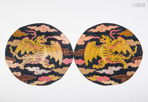 PAIR OF CHINESE EMBROISEY TIGER OFFICIAL RANK BADGE