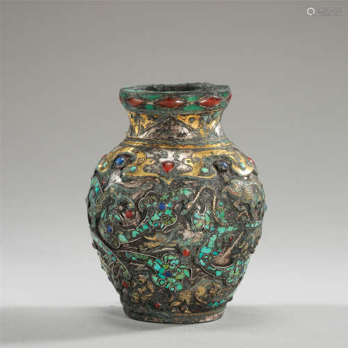 CHINESE SILVER GOLD GEM STONE INLAID BRONZE WATER POT