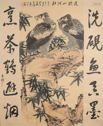 CHINESE SCROLL PAINTING OF EAGLE ON ROCK WITH CALLIGRAPHY COUPLET