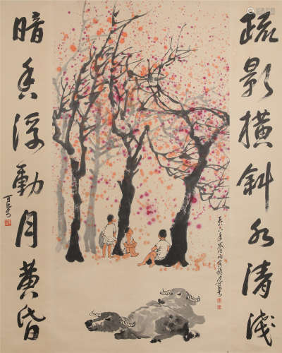 CHINESE SCROLL PAINTING OF BOY AND OX UNDER TREE WITH CALLIGRAPHY COUPLET