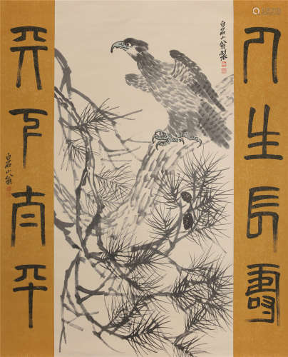 CHINESE SCROLL PAINTING OF EAGLE ON TREE WITH CALLIGRAPHY COUPLET