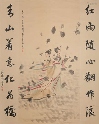 CHINESE SCROLL PAINTING OF BEAUTY WITH CALLIGRAPHY COUPLET