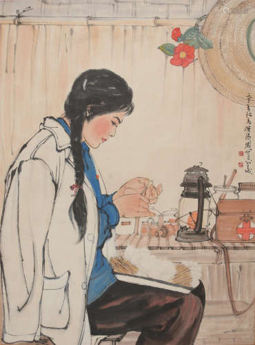 CHINESE SCROLL PAINTING OF WORKING GIRL