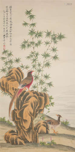 CHINESE SCROLL PAINTING OF BIRD ON ROCK