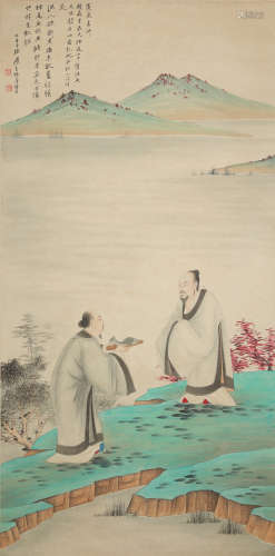 CHINESE SCROLL PAINTING OF MEN BY RIVER