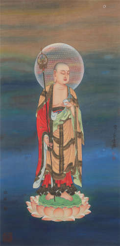 CHINESE SCROLL PAINTING OF STANDING LOHAN ON LOTUS