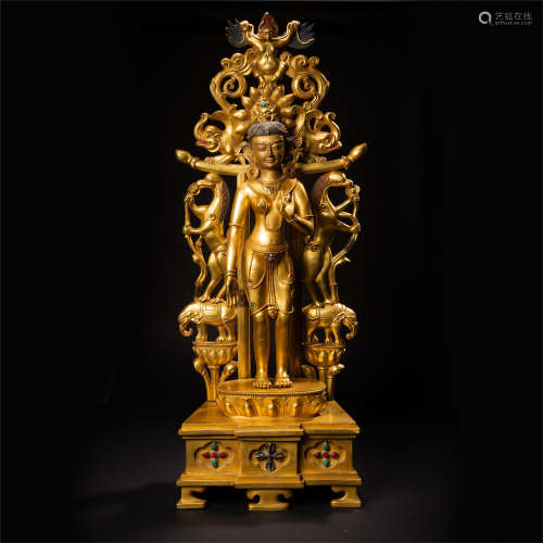 CHINESE GILT BRONZE STANDING GUANYIN IN NICHE