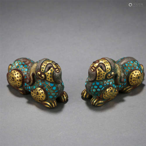 PAIR OF CHINESE SILVER GOLD TURQUOISE INLAID BRONZE BEAST