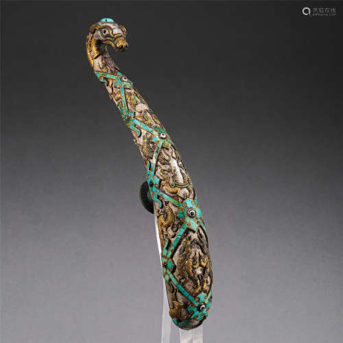 CHINESE SILVER GOLD TURQUOISE INLAID DRAGON BELT HOOK