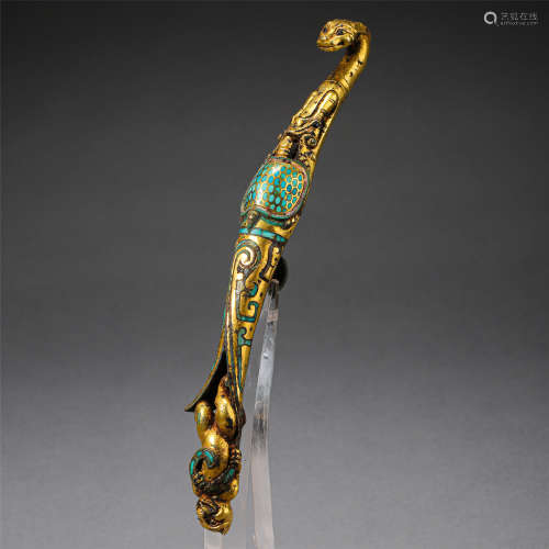 CHINESE SILVER GOLD TURQUOISE INLAID DRAGON BELT HOOK