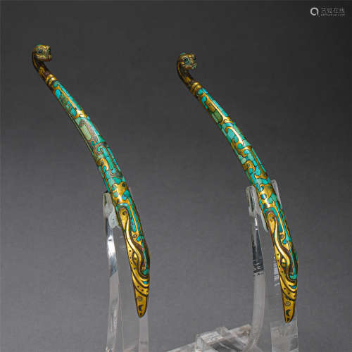 CHINESE SILVER GOLD TURQUOISE INLAID DRAGON BELT HOOK