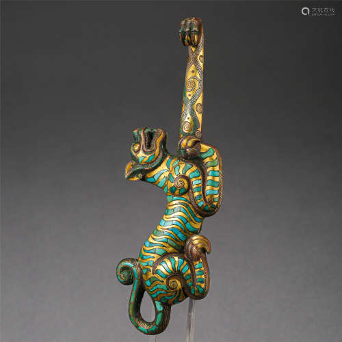CHINESE SILVER GOLD TURQUOISE INLAID DRAGON BELT HOOK