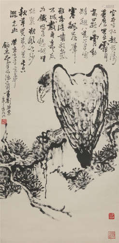 CHINESE SCROLL PAINTING OF EAGLE ON PINE WITH CALLIGRAPHY