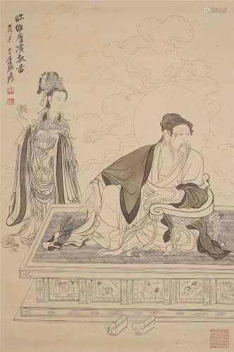 CHINESE SCROLL PAINTING OF SEATED MAN WITH BEAUTY