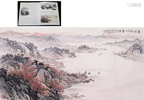 CHINESE SCROLL PAINTING OF RIVER VIEWS WITH PUBLICATION