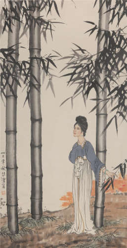 CHINESE SCROLL PAINTING OF BEAUTY IN BAMBOO
