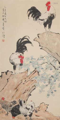 CHINESE SCROLL PAINTING OF ROOSTER ON ROCK