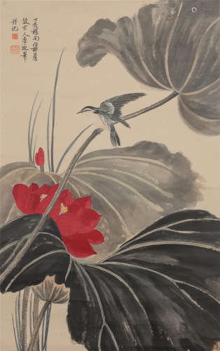 CHINESE SCROLL PAINTING OF BIRD AND LOTUS