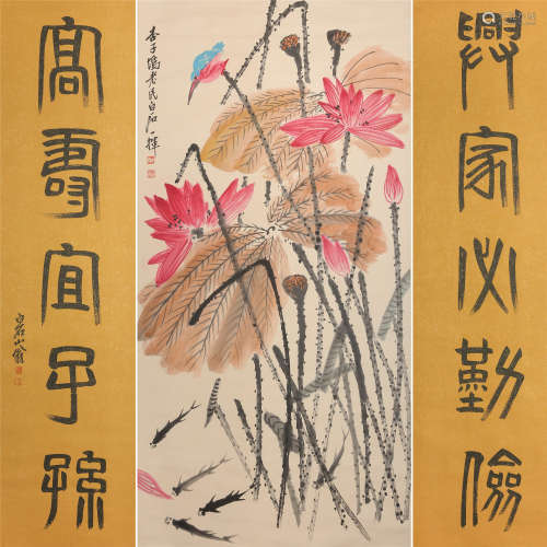 CHINESE SCROLL PAINTING OF BIRD AND LOTUS WITH CALLIGRAPHY COUPLET
