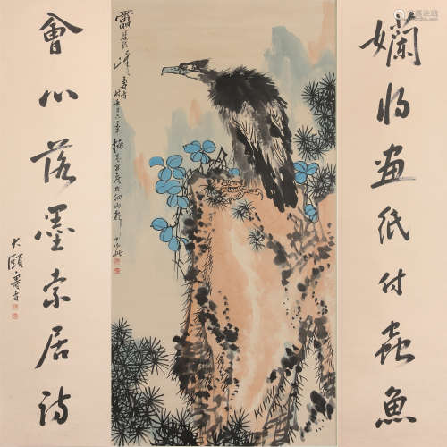 CHINESE SCROLL PAINTING OF EAGLE ON ROCK WITH CALLIGRAPHY COUPLET