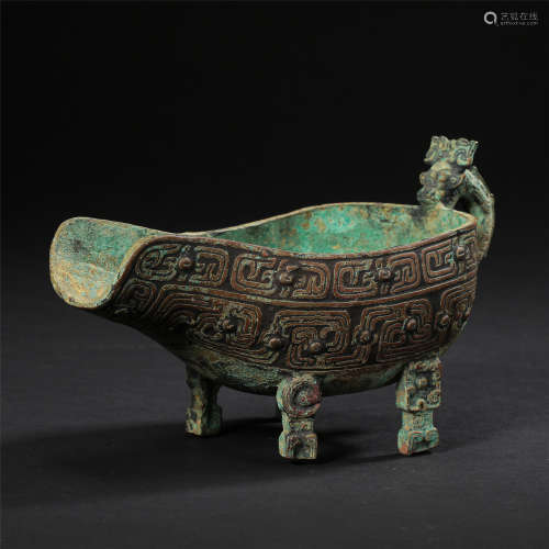 CHINESE ANCIENT BRONZE BEAST HANDLE JUE CUP