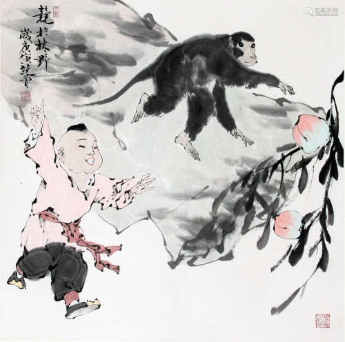 CHINESE SCROLL PAINTING OF BOY AND MONKEY