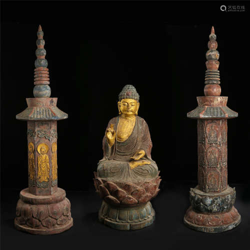THREE CHINESE WOOD SEATED BUDDHA WITH TWO BUDDHIST TOWERS