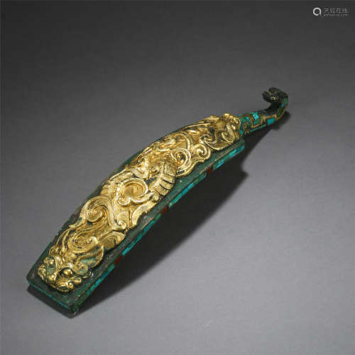 CHINESE GOLD TURQUOISE INLAID DRAGON BELT HOOK