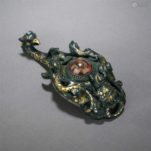 CHINESE GOLD SILVER ROCK CRYSTAL INLAID DRAGON BELT HOOK