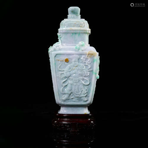 CHINESE JADEITE FIGURES SQUARE LIDDED VASE