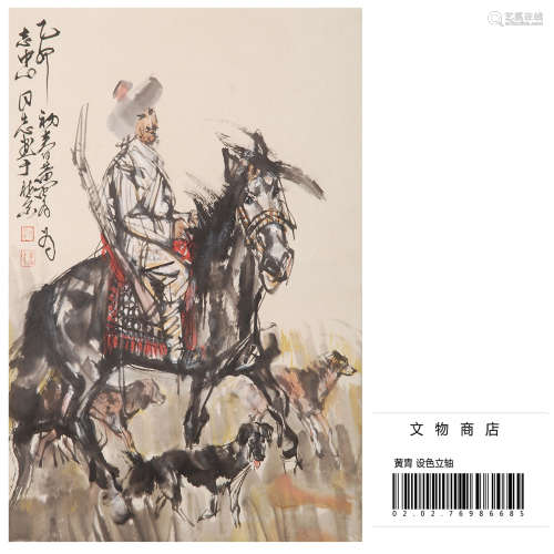CHINESE SCROLL PAINTING OF HUNTER ON HORSE