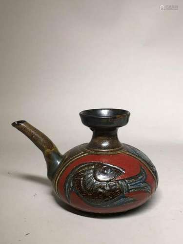 Japanese Studio Pottery Sake Ewer - Fish Motif