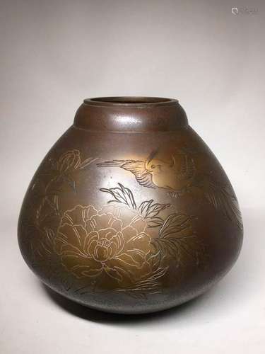 Japanese Bronze Vase - Silver Wire Inlay - Bird Motif