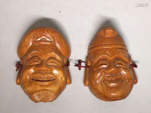 Pair Japanese Carved Wood Mask