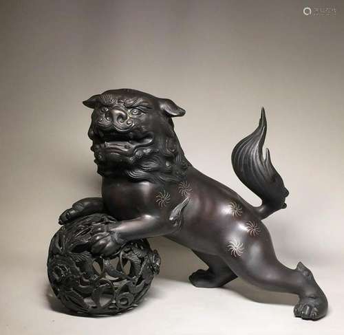 Japanese Bronze Shishi with Silver Wire Inlay