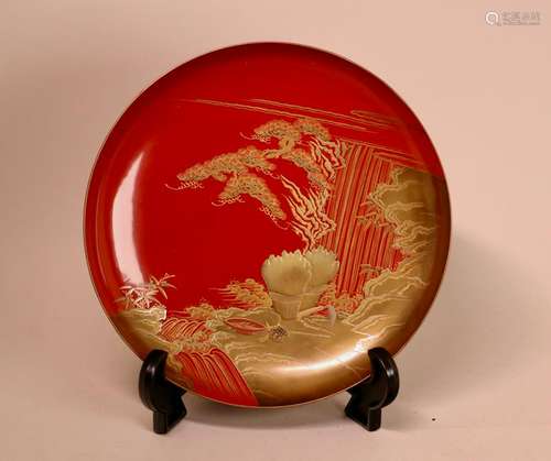 Japanese Red Lacquer Dish with Gold Lacquer Landscape