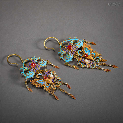 PAIR OF CHINESE GOLD KINGFISHER FEATHER DECOR EARRINGS