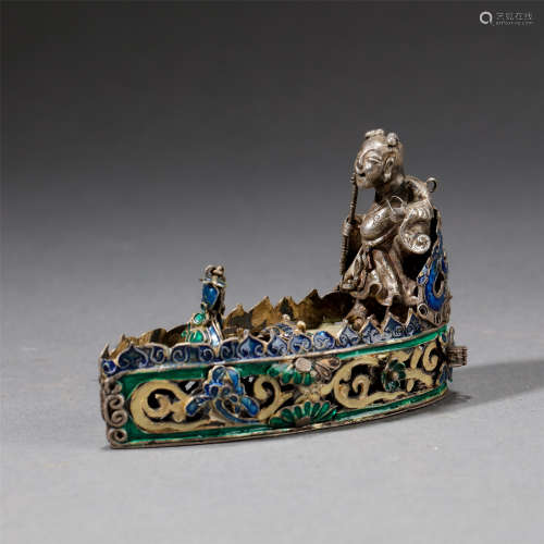 CHINESE SILVER ENAMEL MAN ON BOAT TABLE ITEM