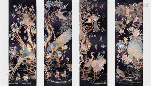 FOUR PANELS OF CHINESE EMBROIDERY TAPESTRY OF BIRD AND FLOWER