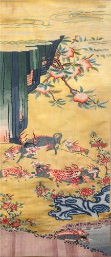 CHINESE EMBROIDERY TAPESTRY OF BEAST AND PEACH