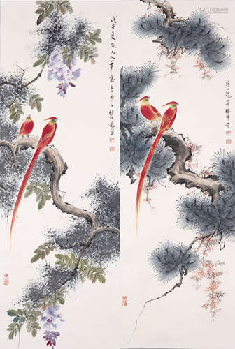 1948 顏伯龍 鳥語花香對屏設色紙本畫心